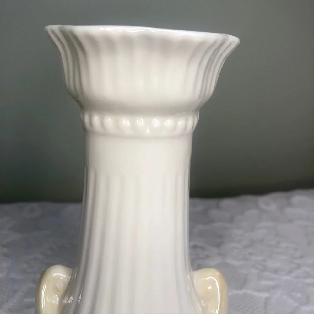 Belleek Moore Vase Vintage Ireland Ivory with Yellow Lustre Scallop Rim Irish